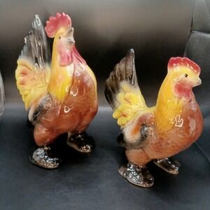 Vintage Royal Copley Hen Rooster Ceramic Figurines Yellow Black MCM VTG *READ*